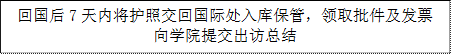 回国后7天内将护照交回国际处入库保管，领取批件及发票向学院提交出访总结